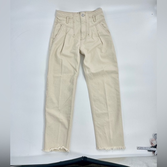 Free People‎ Pleated Carrot Jeans In Cream Cotton Ecru High Waisted Raw Hem 25 - Picture 2 of 13